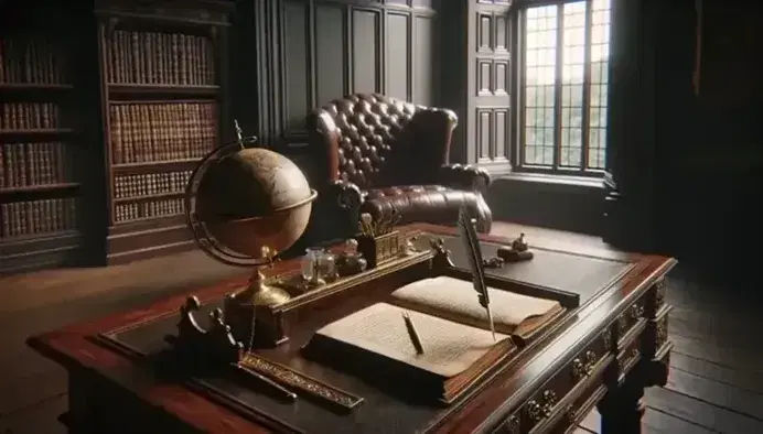 17th-century study with oak desk, leather-bound book, feather quill, silver inkwell, leather armchair, globe, and bookshelves.