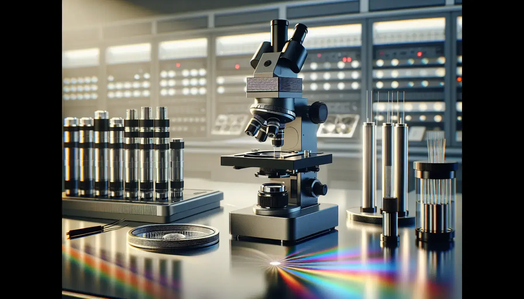 Brightly lit lab workbench with a silver optical microscope, precision lenses in a holder, a glass prism casting a color spectrum, and a digital camera on a tripod.