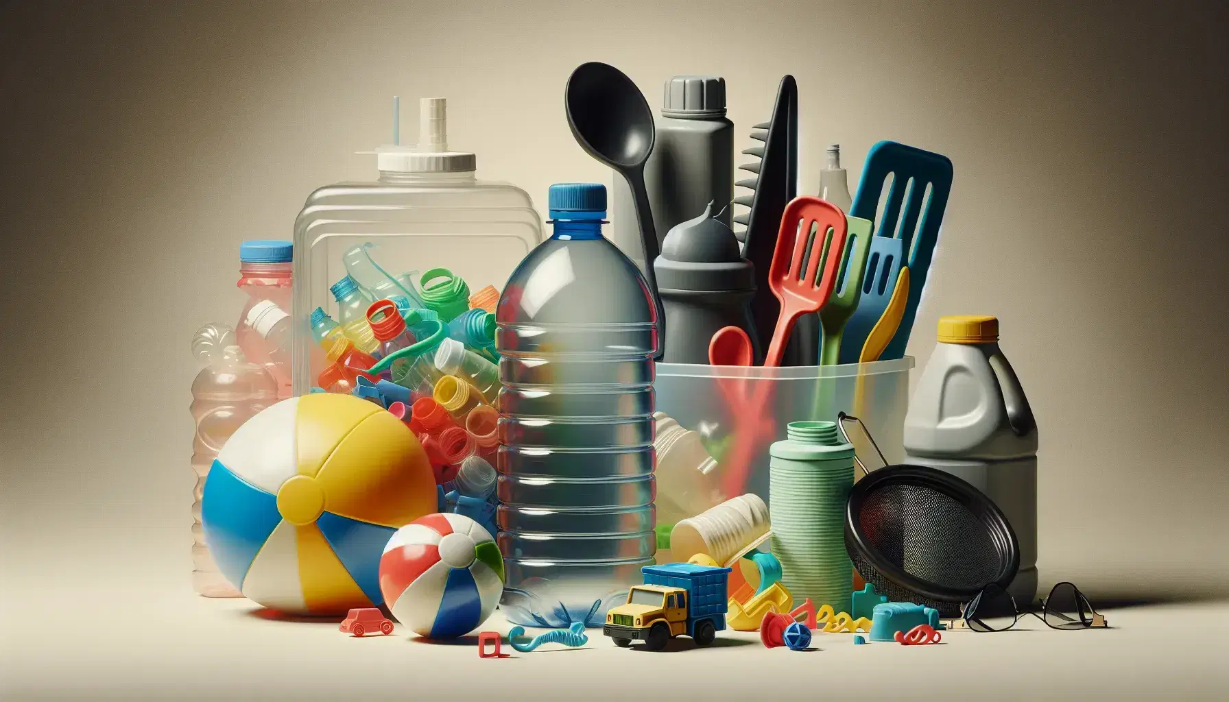 Oggetti quotidiani in plastica: bottiglia trasparente con tappo blu, palla colorata, astuccio occhiali nero, utensili da cucina e frammenti di rifiuti.