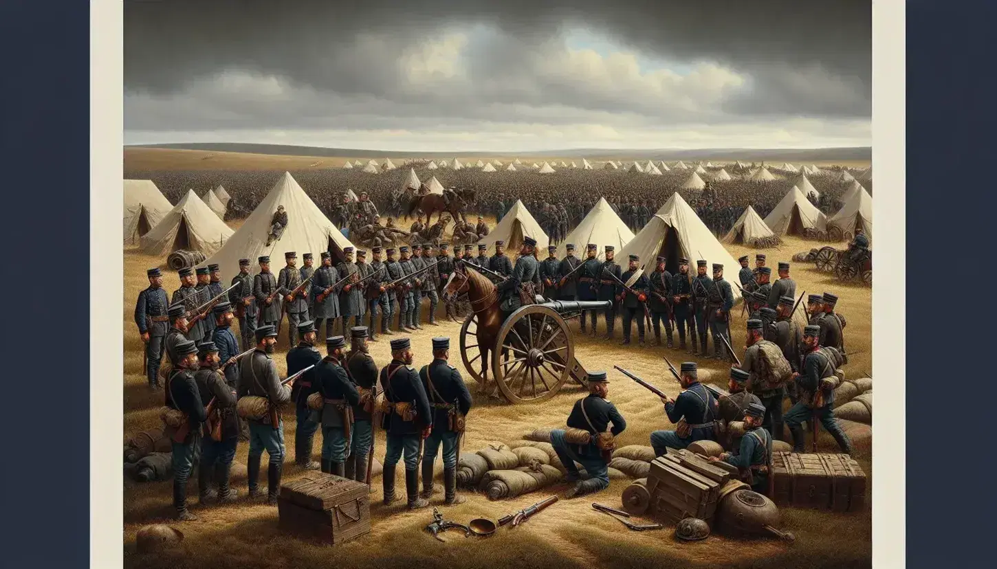 Soldati in uniforme blu e pantaloni chiari in formazione di combattimento con fucili e baionette durante la Guerra di Crimea, tende sullo sfondo.