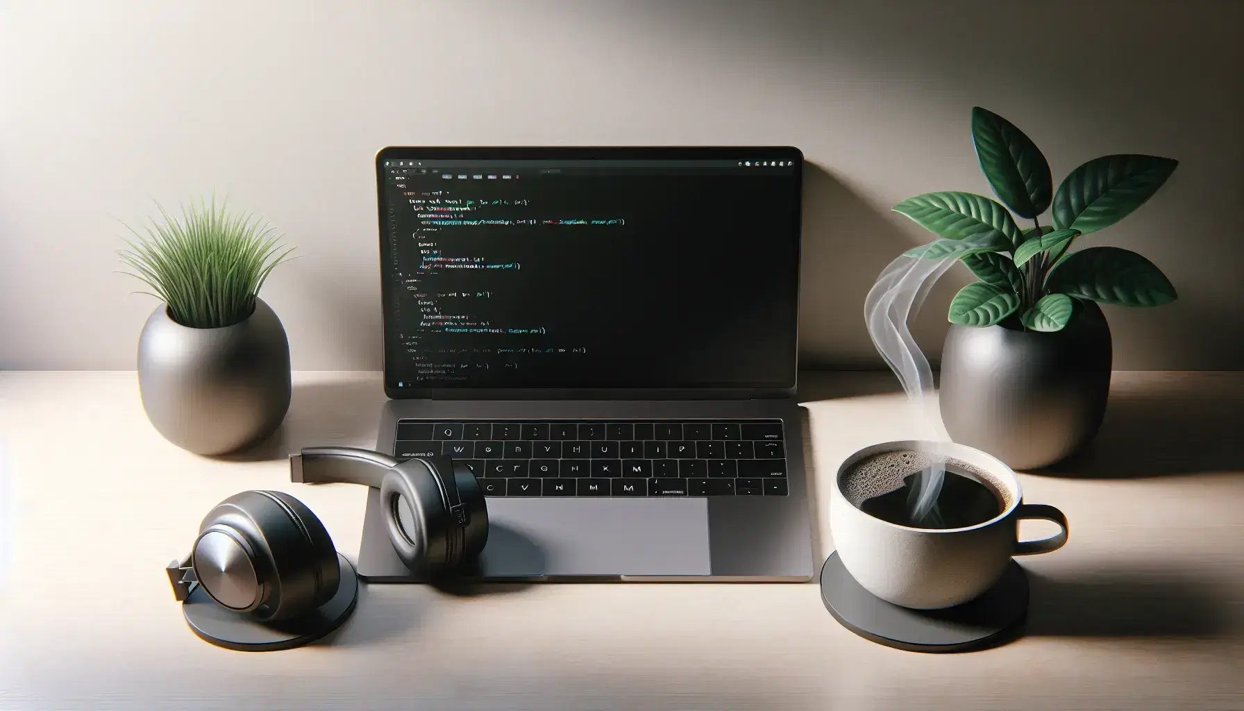Minimalist workspace with silver laptop, coffee cup, green plant, black headphones and open notebook on light wooden desk.
