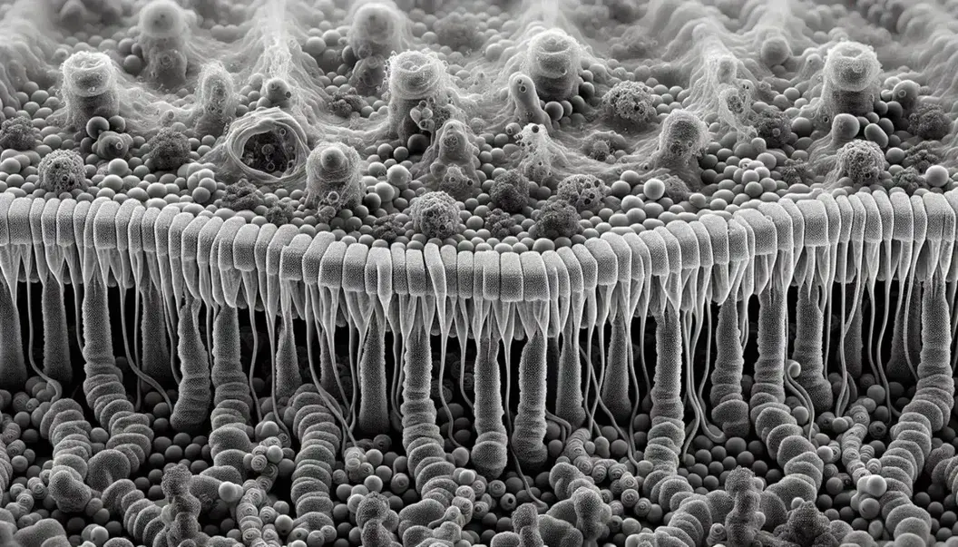Vista microscópica de la membrana celular mostrando capas bilipídicas y proteínas incrustadas en un entorno acuoso, reflejando el modelo de mosaico fluido.