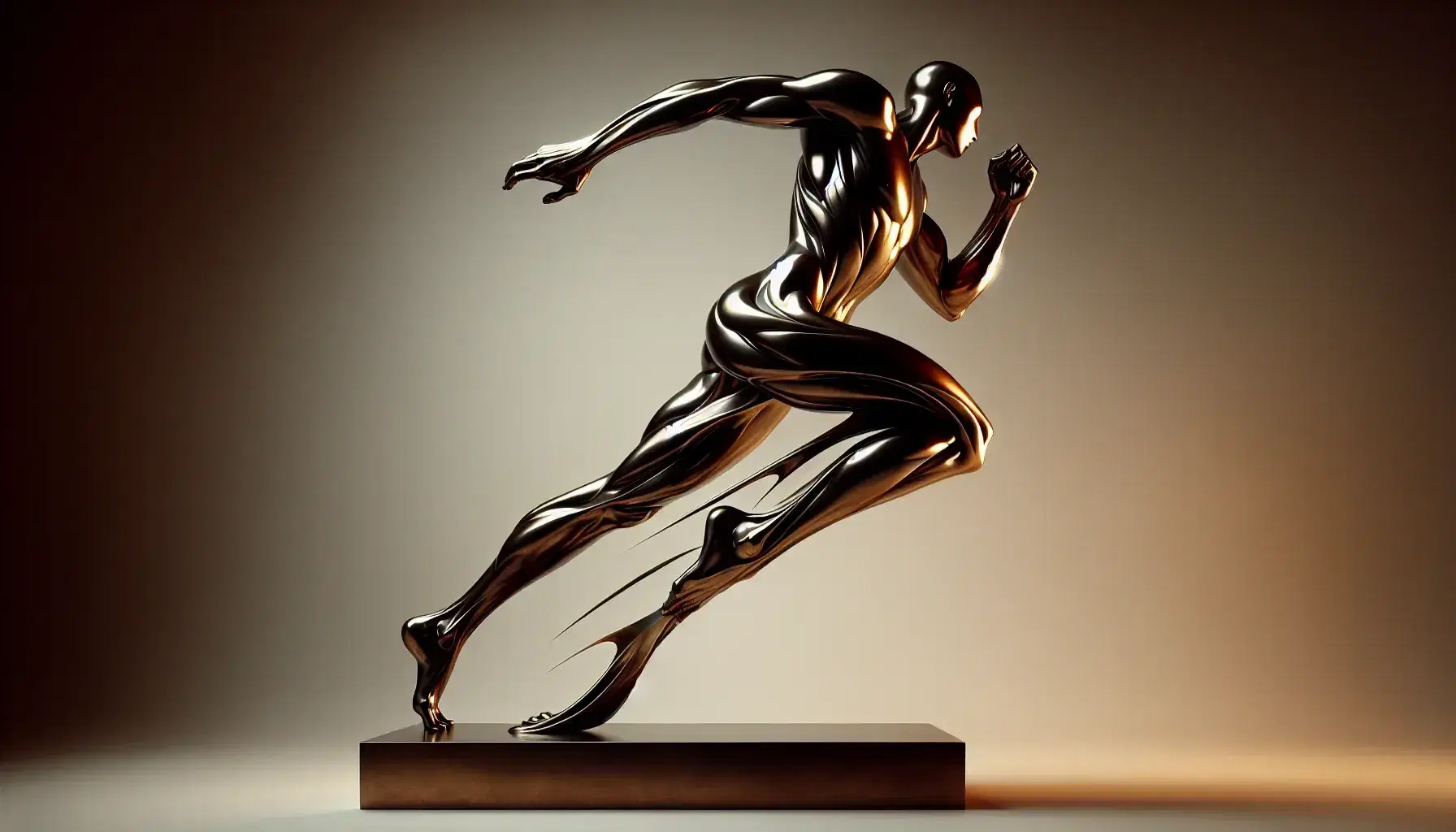 Scultura futurista in bronzo ispirata a "Forme uniche della continuità nello spazio", con figura umana astratta in movimento su piedistallo neutro.
