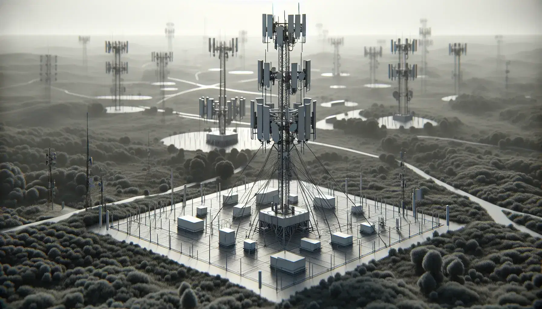 Landscape with cell towers equipped with panel antennas arranged in a triangle for 360 degree coverage in a rural setting, clear sky.