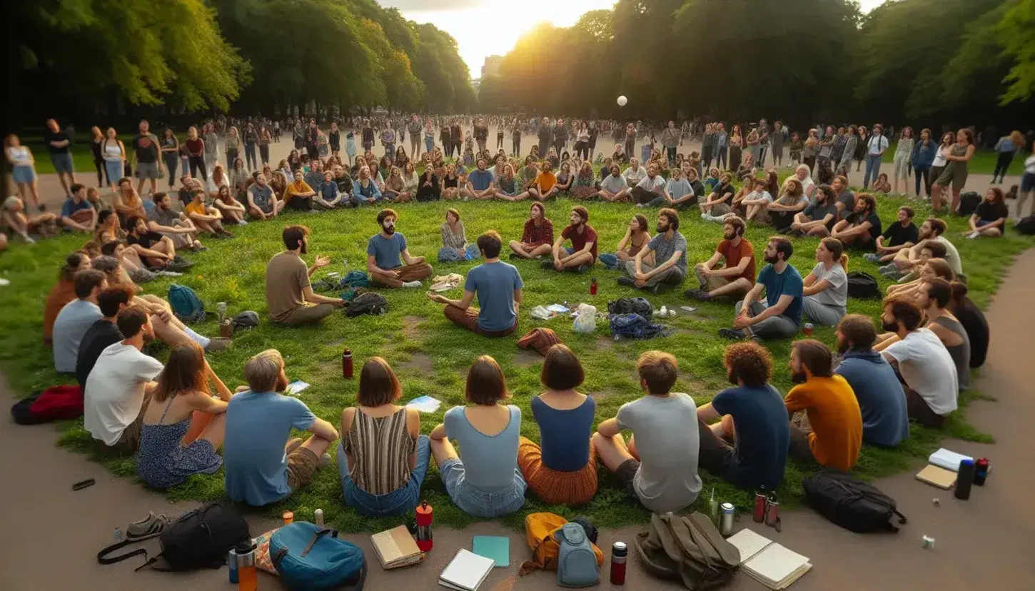 Grupo diverso de personas sentadas en círculo en un parque participando en un taller al aire libre con un facilitador de pie en el centro, en un ambiente natural y relajado.
