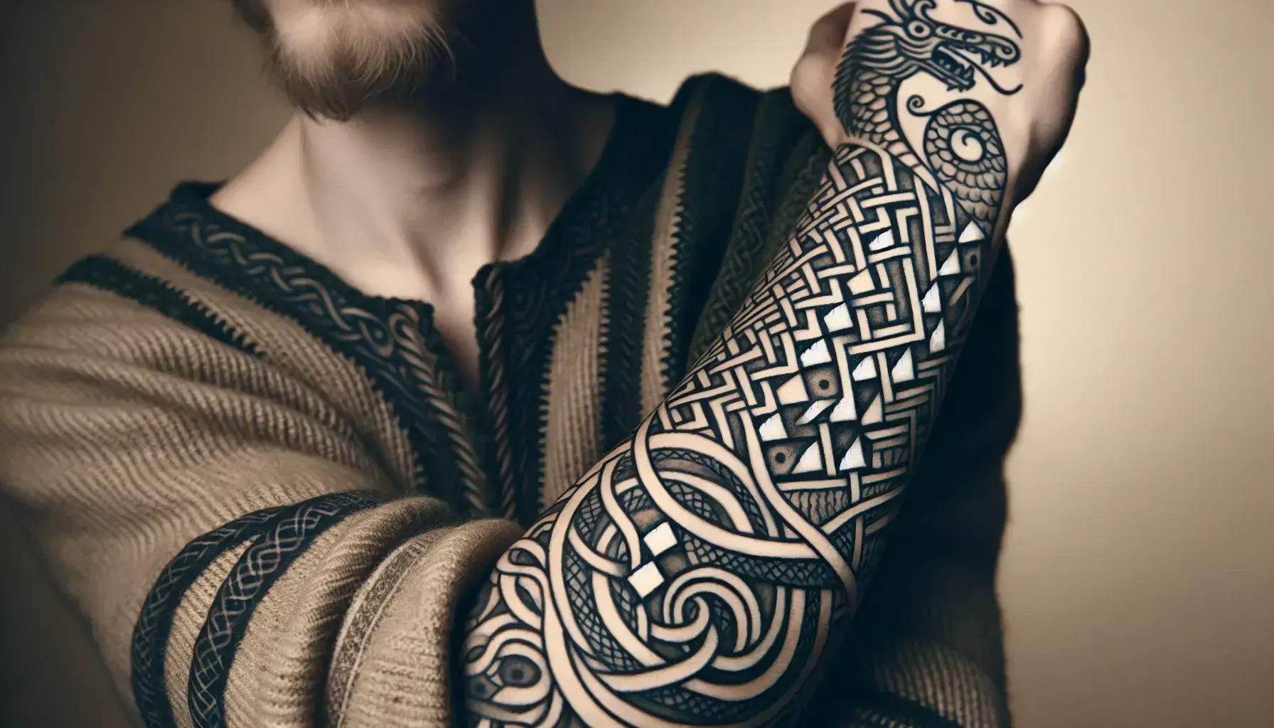 Intricate Norse-inspired tattoos cover a person's arm, featuring a winding dragon, geometric knots, and animal motifs in black and gray shades.