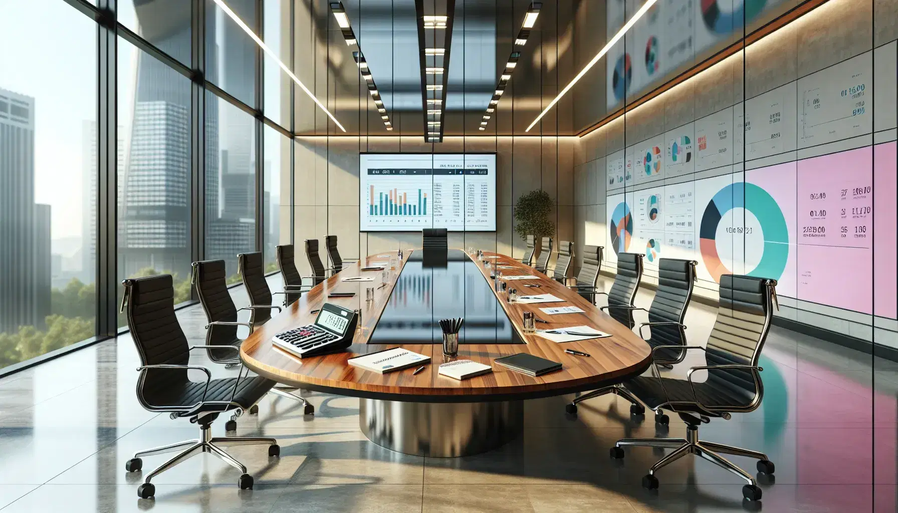 Modern corporate meeting room with a polished wooden table, ergonomic chairs, financial charts, calculator, and a cityscape view through a large window.