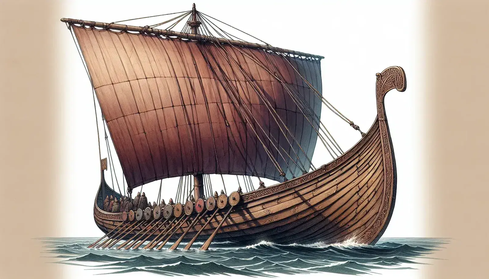 Viking longship at sea with high prow, stern carvings, dark clinker-built hull, red square sail, and crew in period attire rowing and navigating.