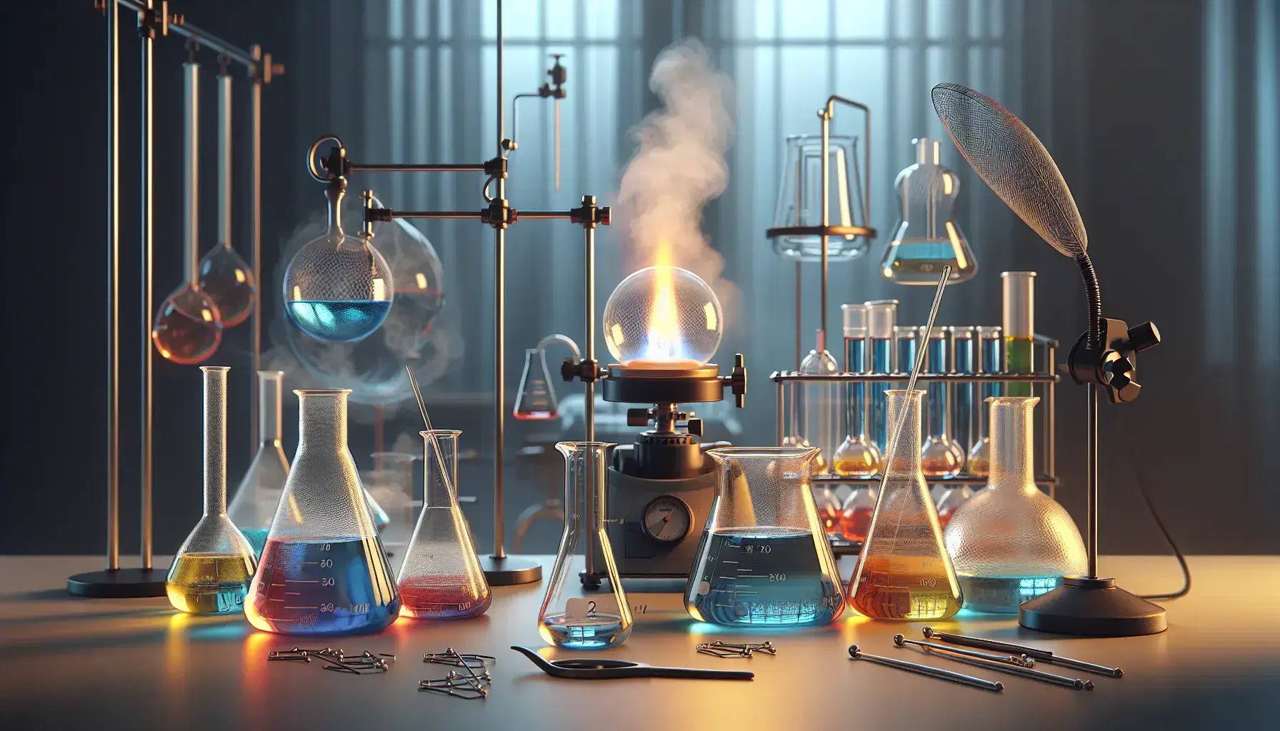 Laboratorio científico con matraces Erlenmeyer de líquidos coloridos, mechero Bunsen encendido y termómetro en experimento de termoquímica.