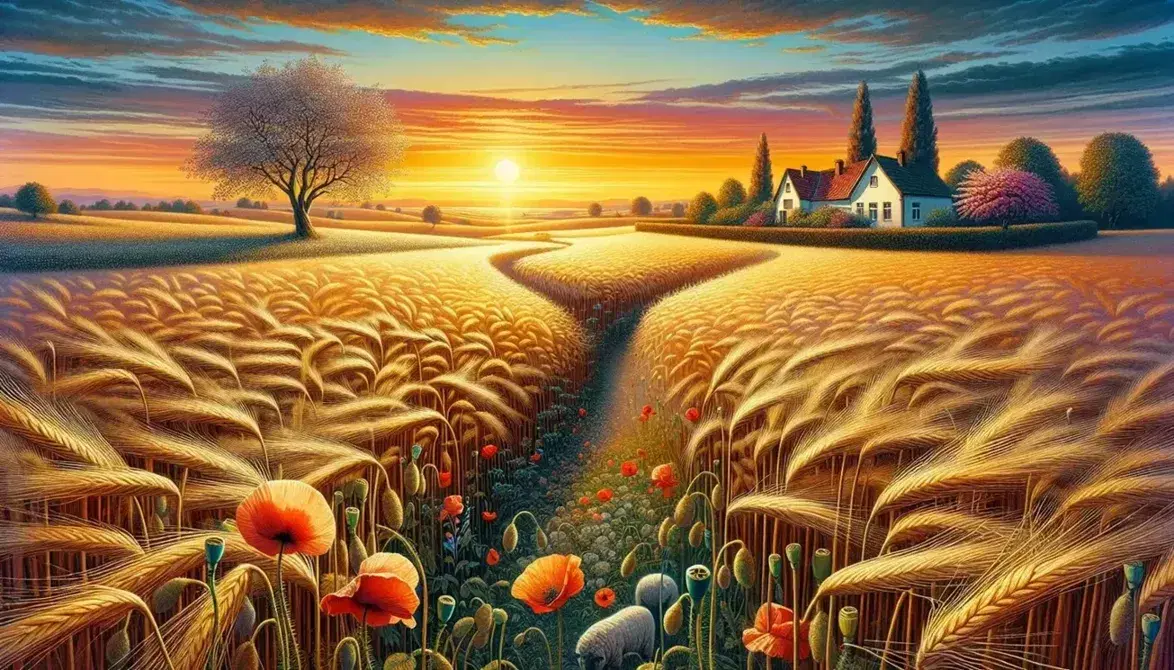 Paesaggio campestre al tramonto con campo di grano dorato, sentiero fiancheggiato da papaveri, casa rurale, albero di ciliegio e gregge di pecore.