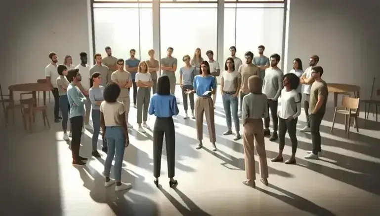 Grupo diverso de personas en reunión informal escuchando a una mujer en el centro de una sala iluminada por luz natural.