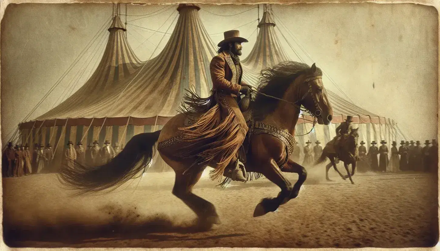 Vintage sepia-toned circus scene with a South Asian cowboy riding a chestnut horse, blurred performers, and a big top tent in the background.