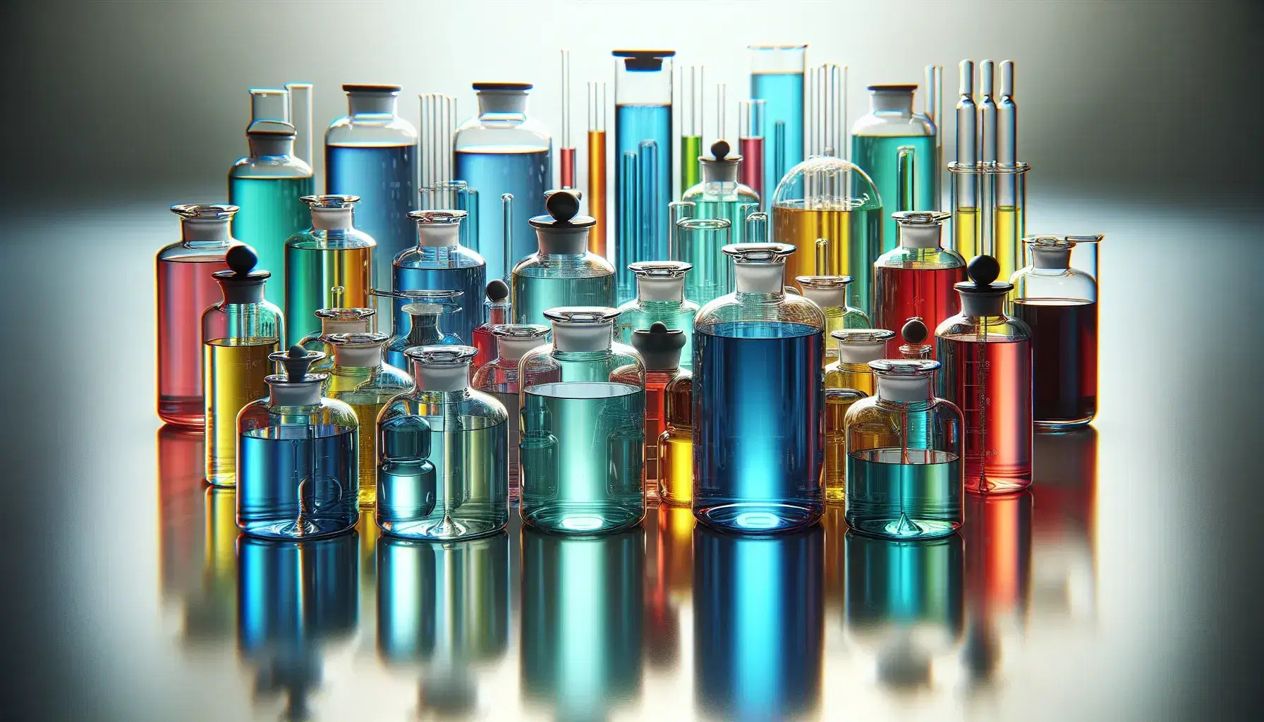 Frascos de vidrio transparentes con líquidos de colores variados sobre superficie reflectante, pipetas de vidrio alineadas al fondo, sin etiquetas visibles.