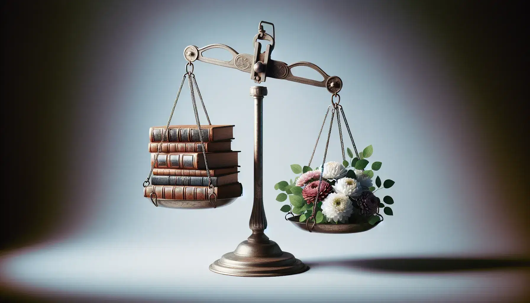 Bilancia antica in equilibrio con libri impilati in pelle su un piatto e mazzo di fiori freschi sull'altro, su sfondo sfumato grigio-bianco.