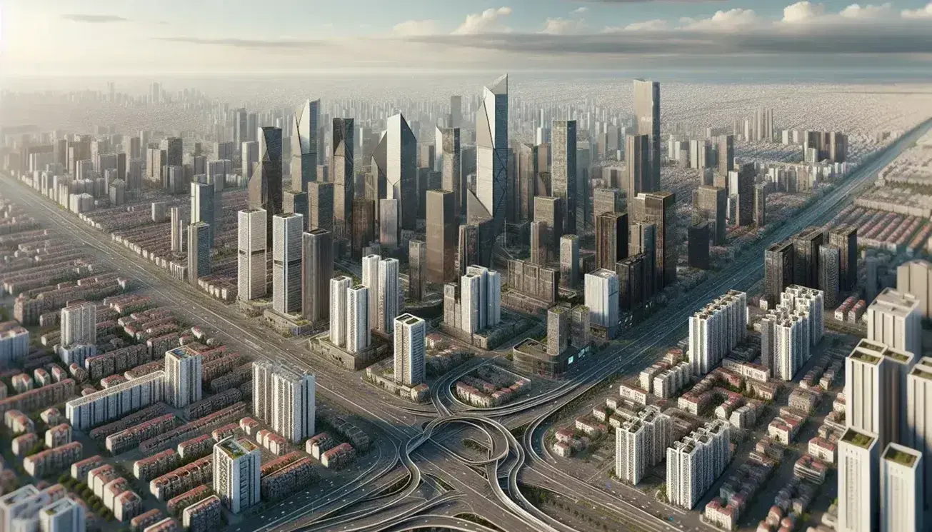 Veduta aerea di una città metropolitana con grattacieli centrali, quartieri residenziali, strade intrecciate e aree verdi circostanti.