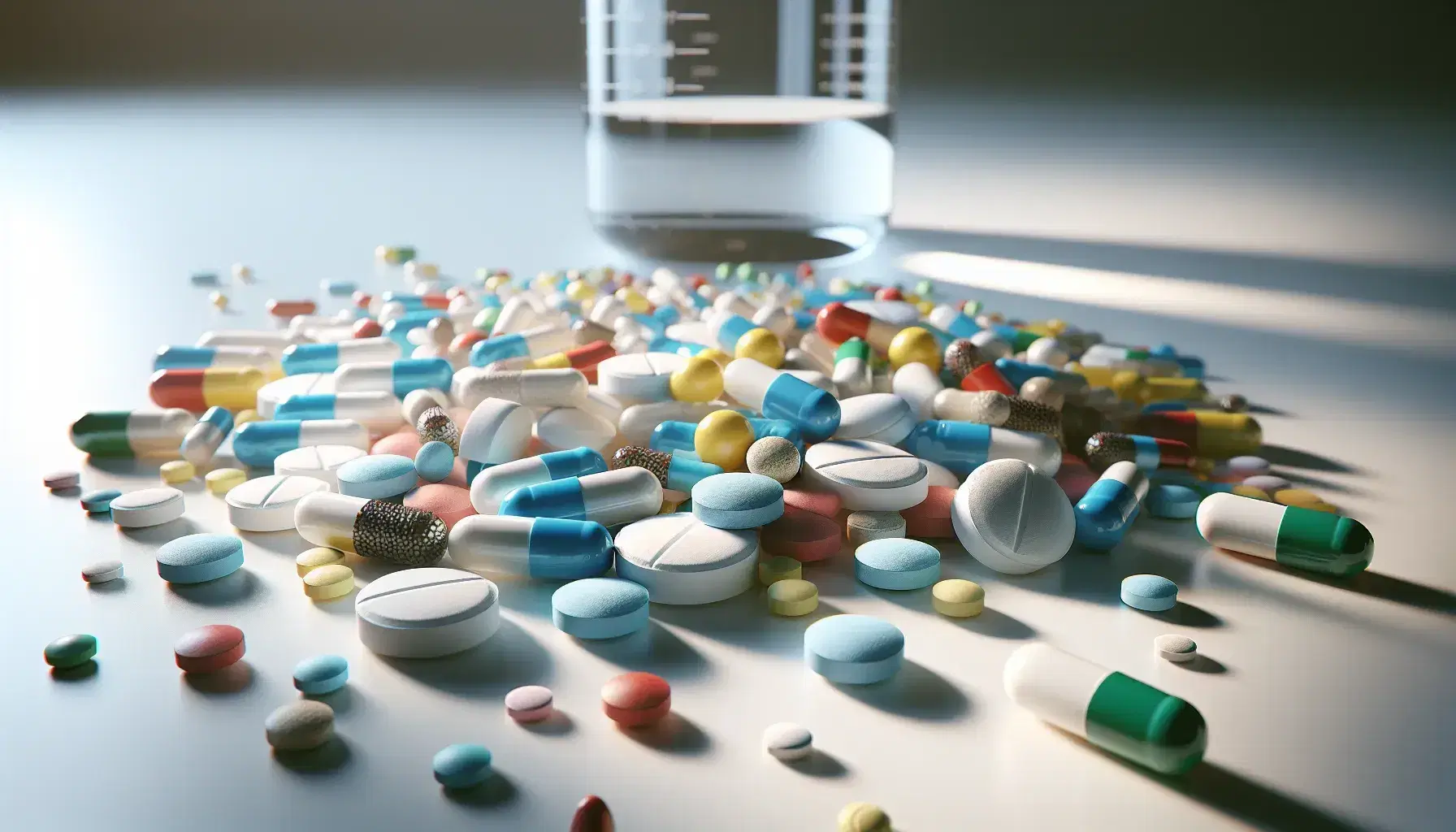 Close-up of multicolored pharmaceutical pills and capsules scattered on white surface with transparent beaker on background in laboratory.