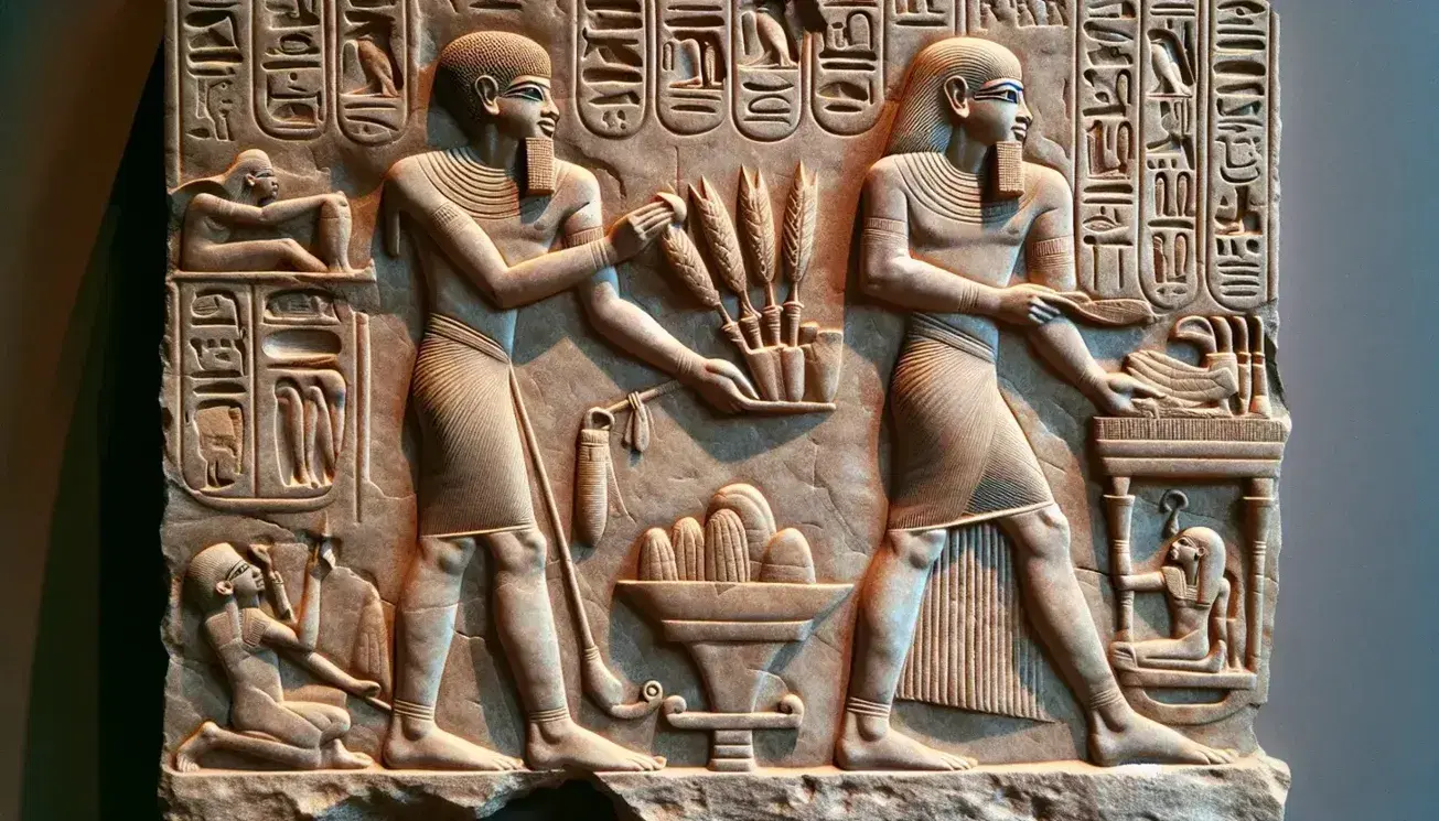 Egyptian relief from the Old Kingdom with man in profile carrying offerings, carved in beige limestone, finely engraved details.