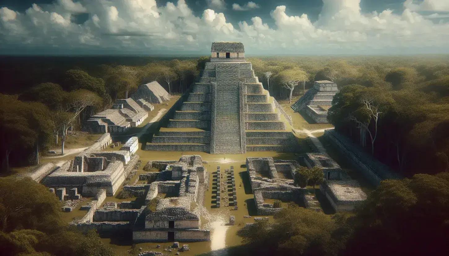 Vista panorámica de las ruinas de una ciudad maya con pirámide escalonada central, estelas de piedra en primer plano y vegetación exuberante.
