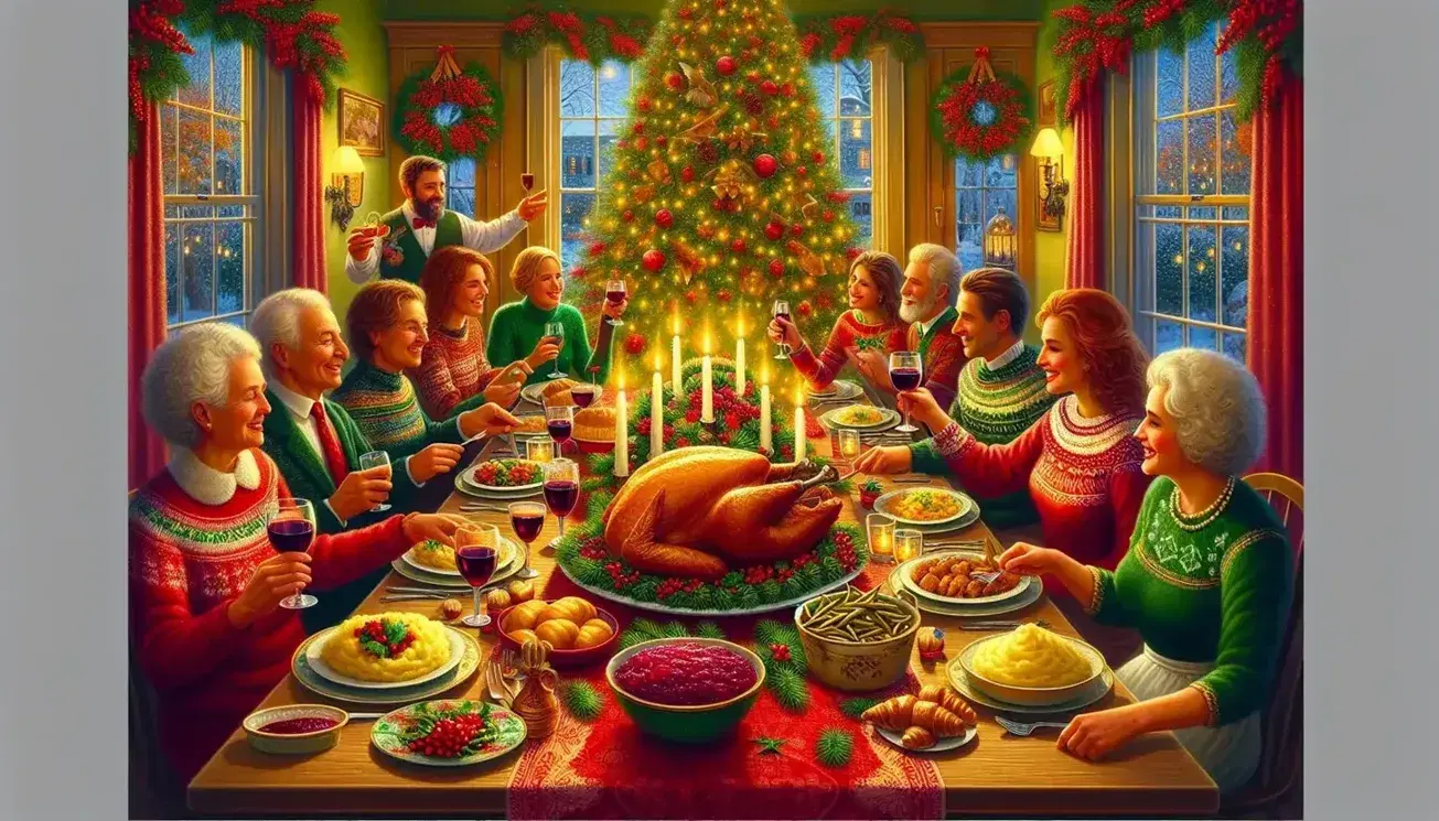Festive holiday dinner scene with a golden turkey centerpiece, colorful side dishes, guests in cheerful conversation, and a decorated Christmas tree.