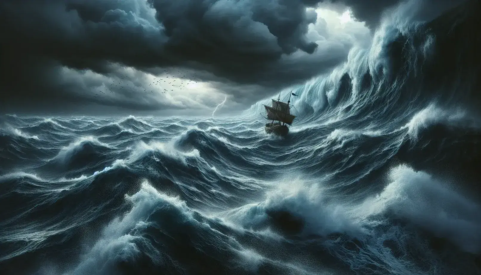 Mare tempestoso con onde alte e cielo grigio, fulmine in lontananza e barca a vela con vele strappate che lotta contro gli elementi.