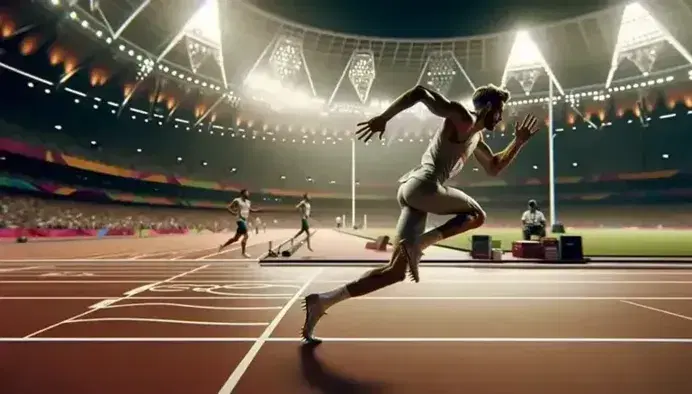 Atleta in sprint su pista rossa con uniforme chiara, sfondo di gara olimpica con area salto in lungo e gabbia lancio disco.