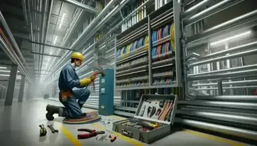 Técnico con casco de seguridad y guantes manipula cables de colores en instalación eléctrica industrial, con herramientas y paneles al fondo.