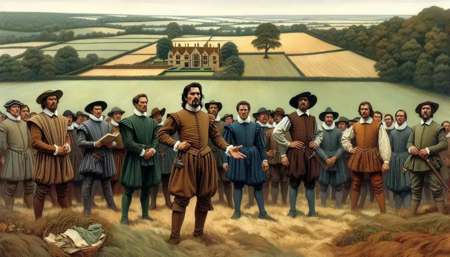 16th-century English rural scene with determined Tudor peasants ready for action, leader addressing group, grand manor in background, summertime setting.