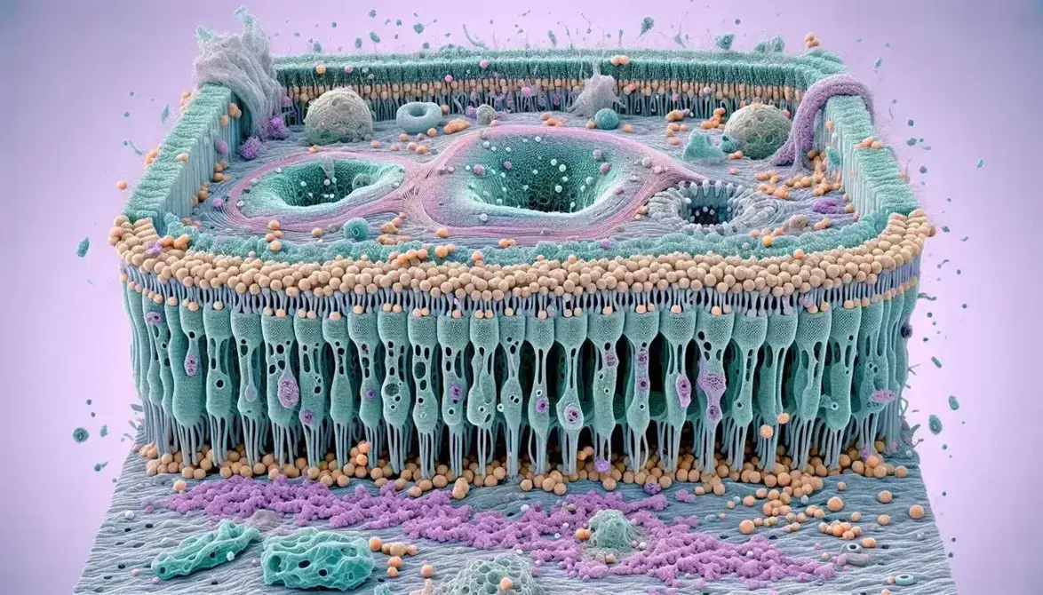 Vista microscópica de la sección transversal de una membrana plasmática celular, mostrando la bicapa de fosfolípidos y proteínas integrales y periféricas, con un glóbulo rojo al fondo.