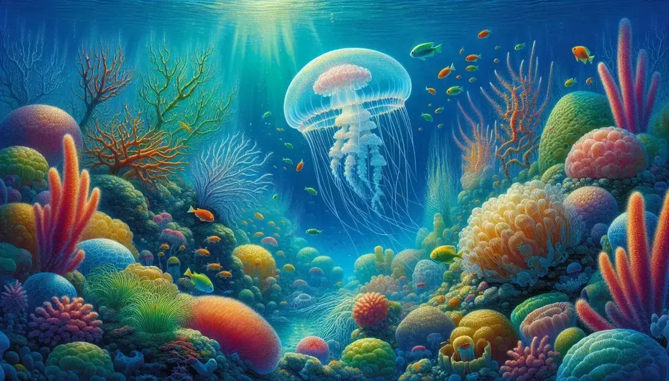 Medusa traslucida rosa con tentacoli lunghi in un ambiente marino blu profondo, circondata da coralli colorati e pesci vivaci vicino a un'anemone marino.