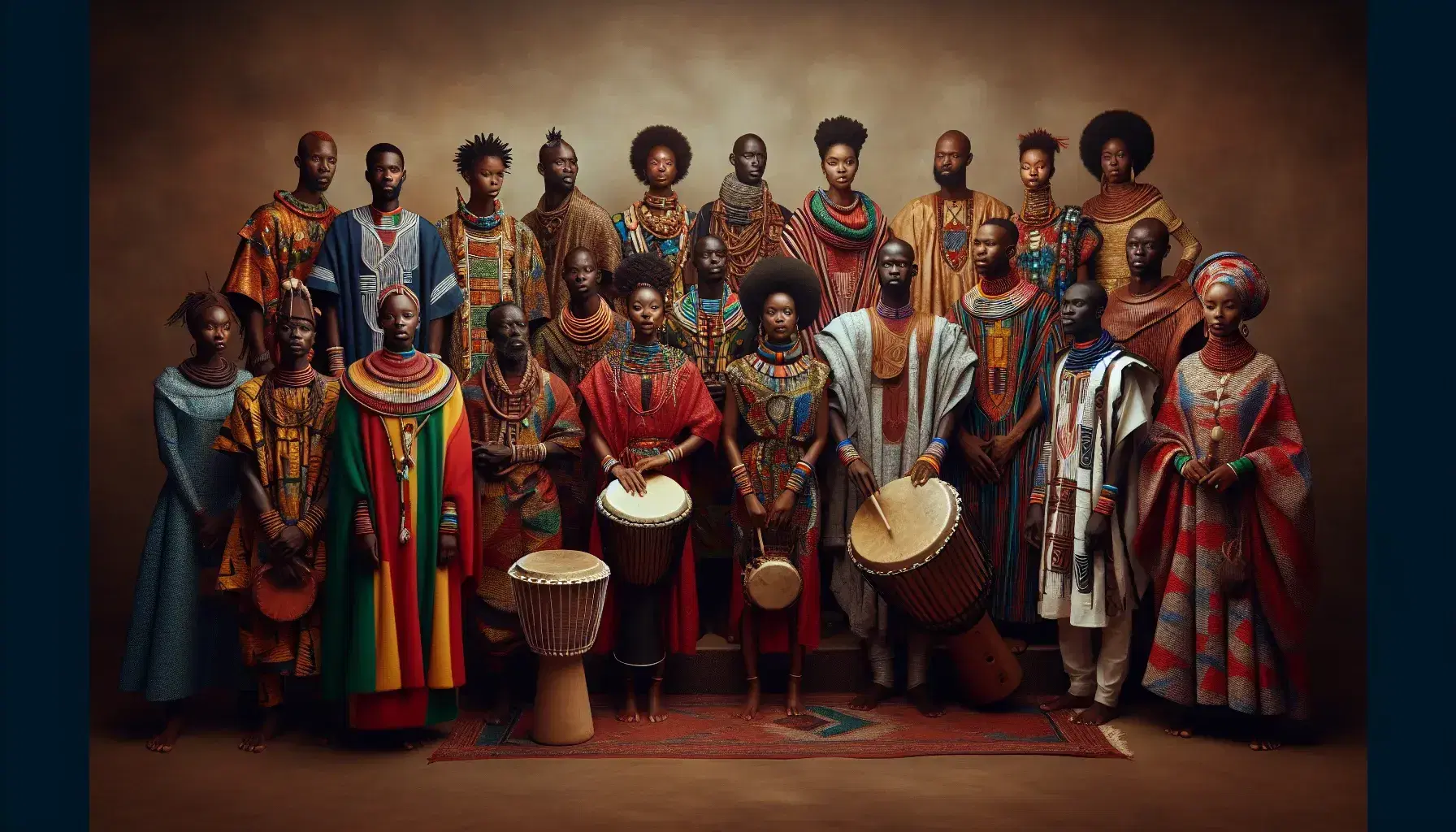 African people in traditional attire form a semi-circle, with vibrant colors and patterns, playing a drum, kora, and mbira against a simple backdrop.