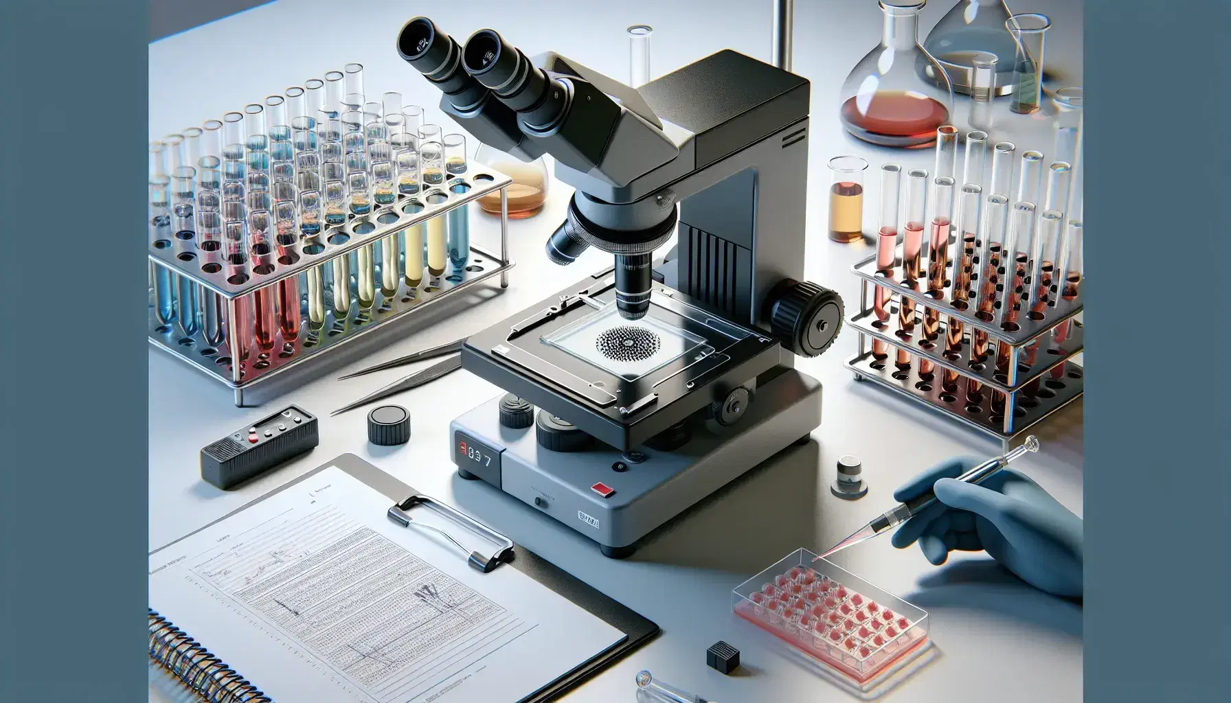 Laboratorio scientifico con microscopio elettronico, provette colorate, pipetta automatica e mano con guanto che tiene piastra per colture cellulari.