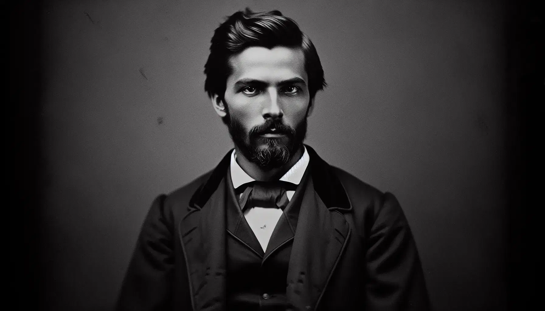 Ritratto in bianco e nero di uomo maturo con capelli scuri, giacca e cravatta, espressione seria e barba curata.