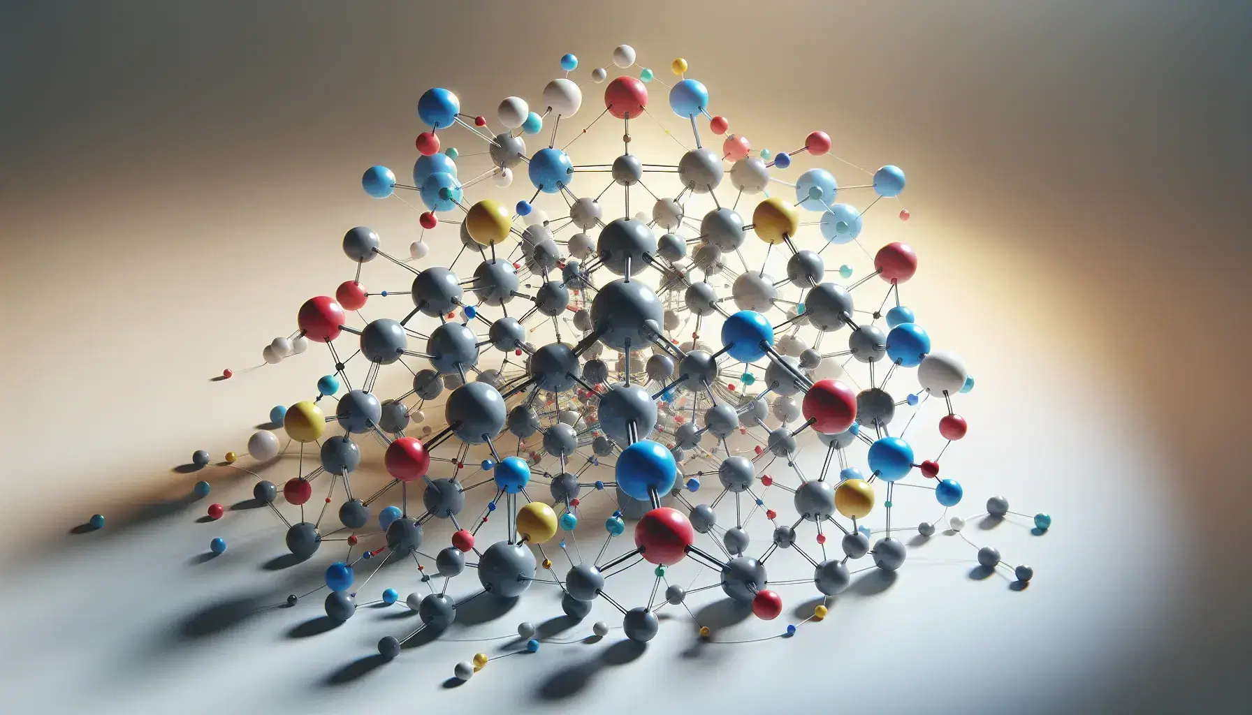 Estructura molecular tridimensional con esferas de colores conectadas por varillas grises, representando un modelo de átomos enlazados en una molécula compleja.