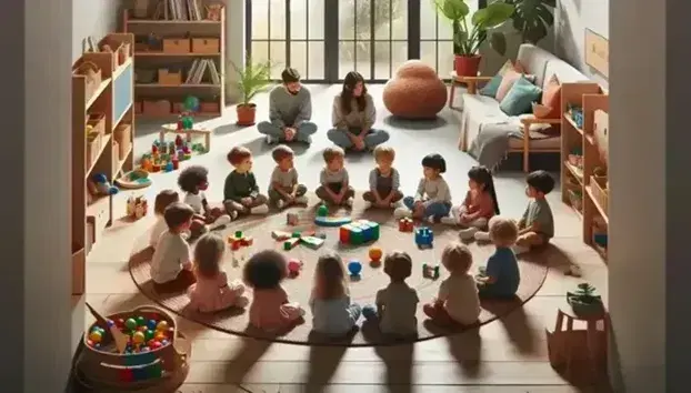 Niños pequeños atentos sentados en semicírculo en una sala luminosa con juguetes educativos, interactuando con un adulto y entre ellos en un ambiente de aprendizaje.