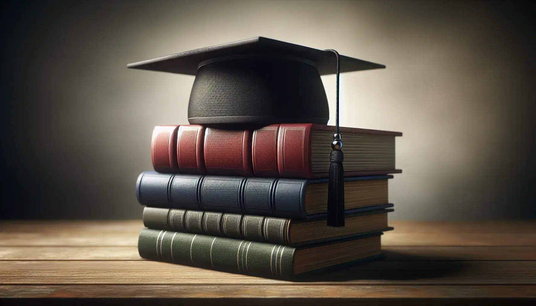 Graduation cap on a stack of hardcover books in red, blue, and green on a wooden surface, symbolizing academic achievement and education.
