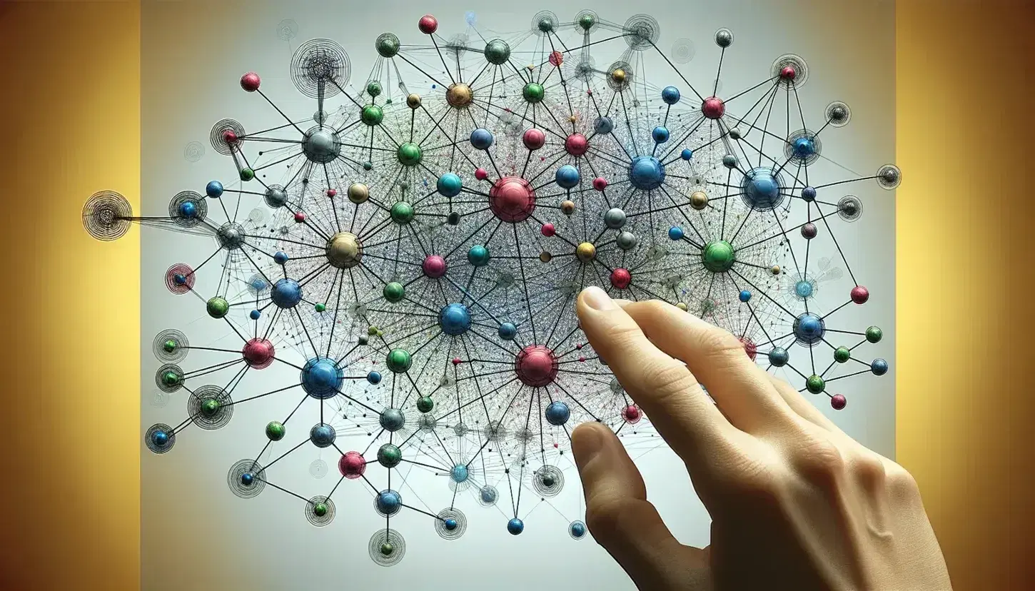 Complex network of colorful nodes interconnected by black lines with gently interacting human hands on light gray background.