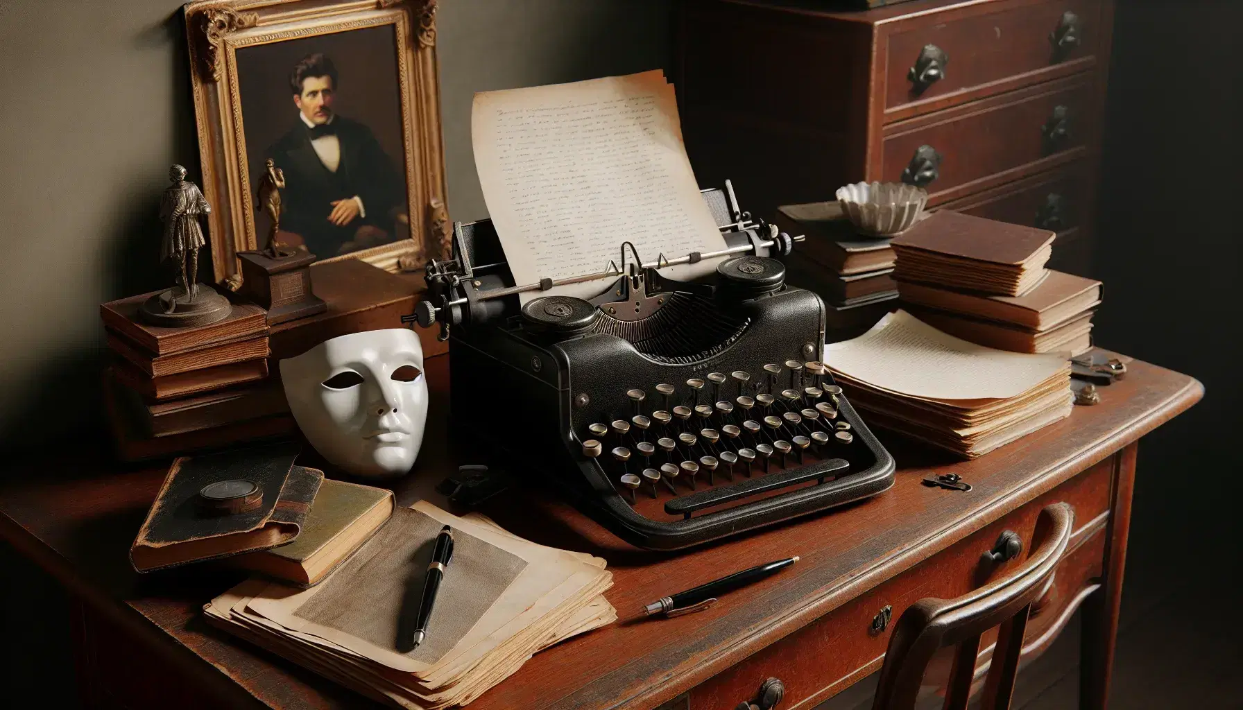 Scrivania in legno con macchina da scrivere vintage, maschera teatrale, libri, penna stilografica e foto in bianco e nero.