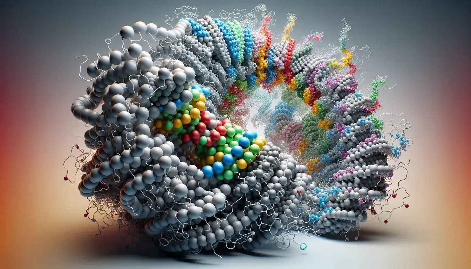 Three-dimensional molecular model of a protein with colored spheres for the amino acids and neutral rods for the peptide bonds, on a gradient background.