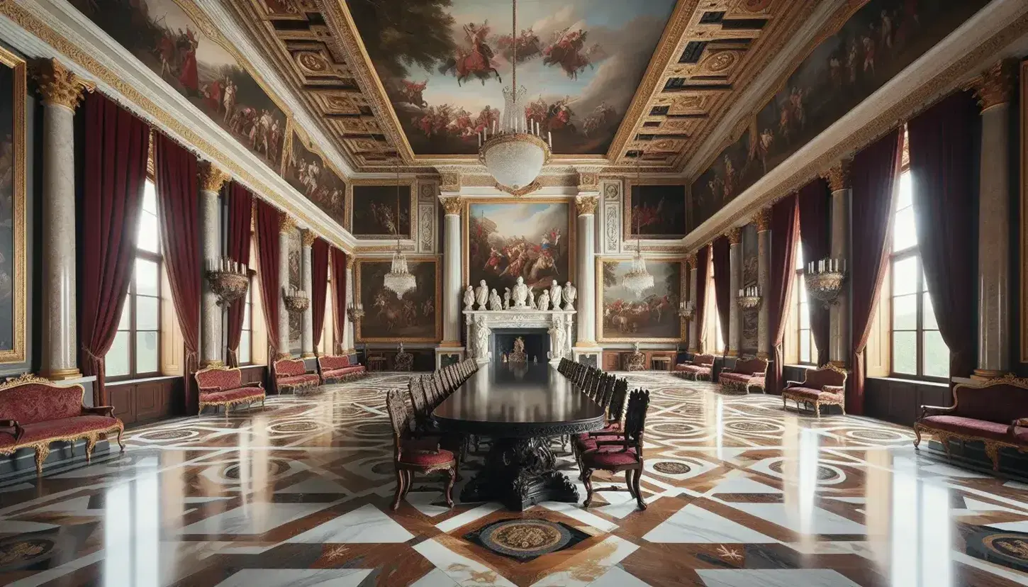 Salón barroco con suelo de mármol geométrico, mesa de madera oscura, sillas de terciopelo rojo, tapices, fresco en techo y candelabros de cristal.