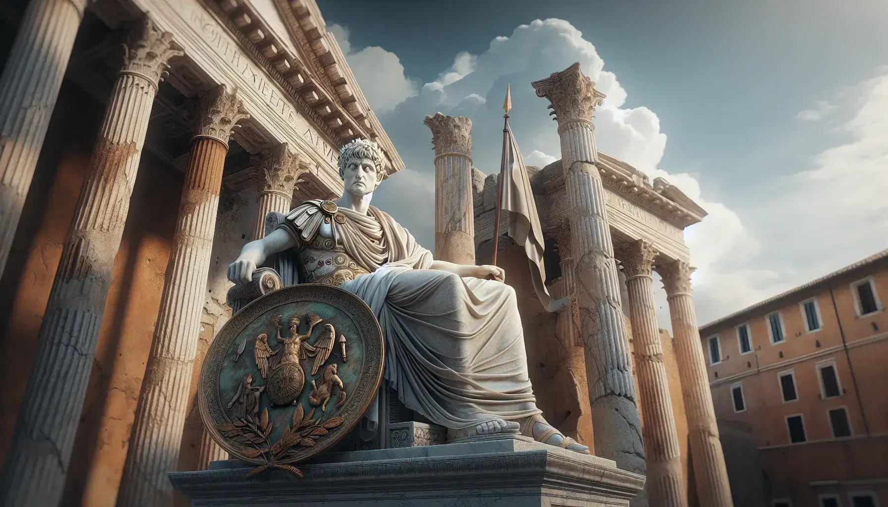 Statua in marmo di dignitario romano con toga e corona di alloro, spada e scudo in bronzo, tempio antico con colonne in sfondo.
