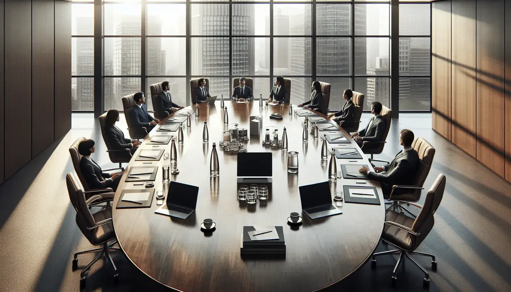 Diverse professionals in a modern boardroom with a polished table, laptops, water bottles, and a cityscape view through a large window.