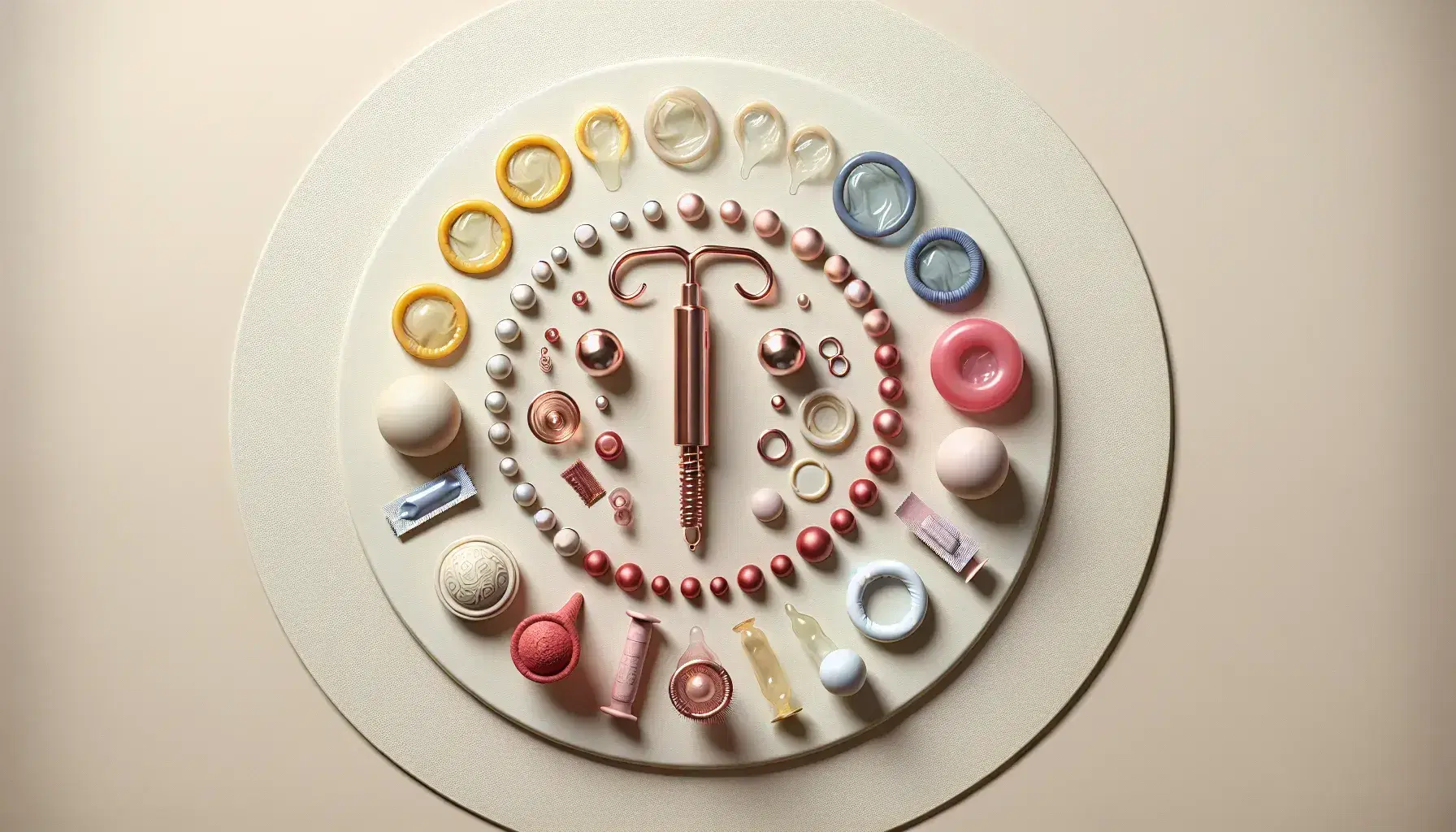Dispositivo intrauterino de cobre en el centro, condones de colores a la izquierda y representación gráfica del ciclo menstrual a la derecha, con figuras humanas beige arriba.