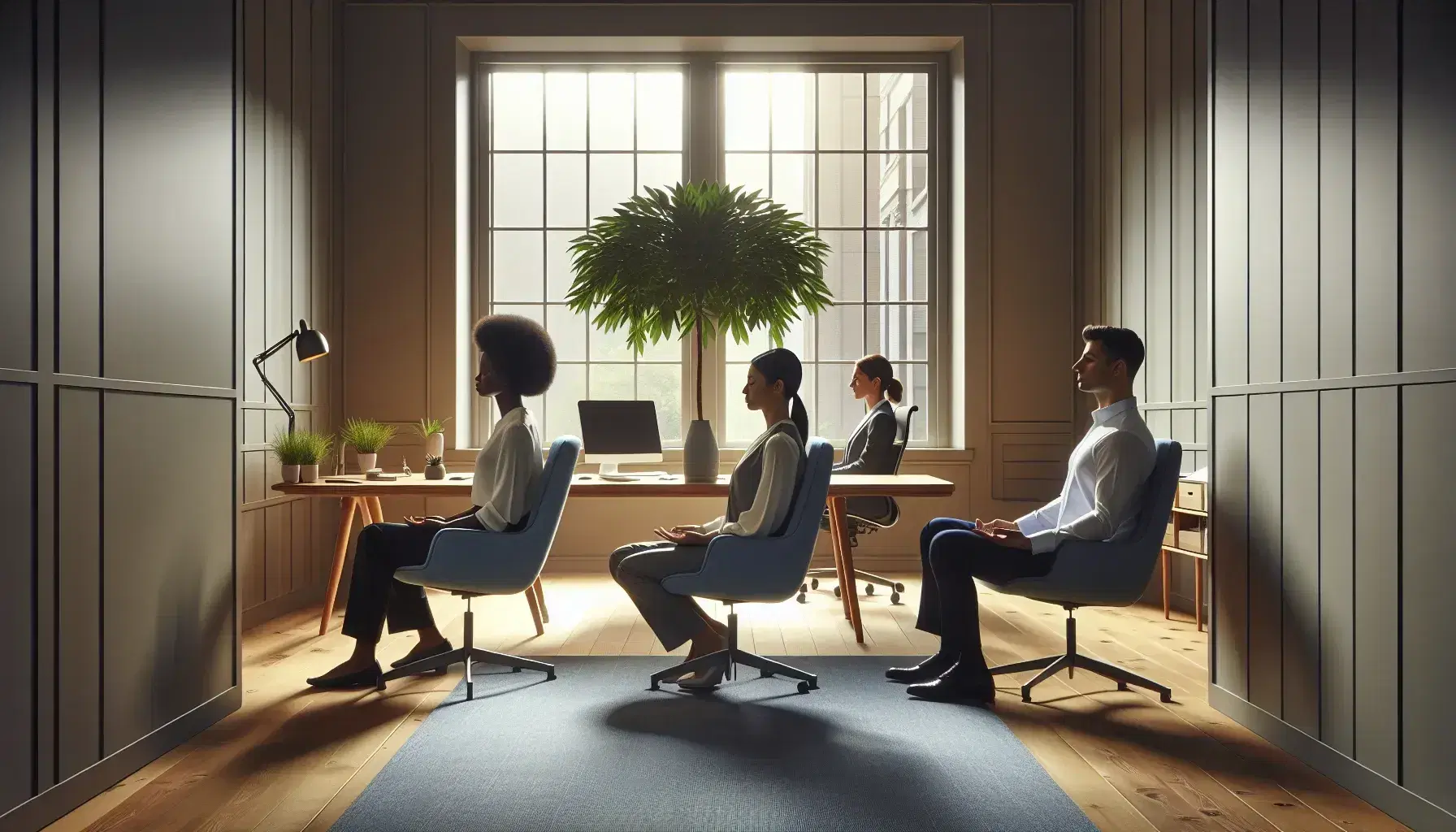Diverse office team meditating in a serene workspace with natural light, modern furniture, and a green plant, promoting workplace wellness.
