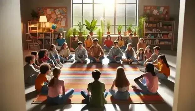 Grupo diverso de niños y adolescentes sentados en semicírculo en una sala iluminada, atentos a una actividad no visible, rodeados de estanterías con libros y plantas.