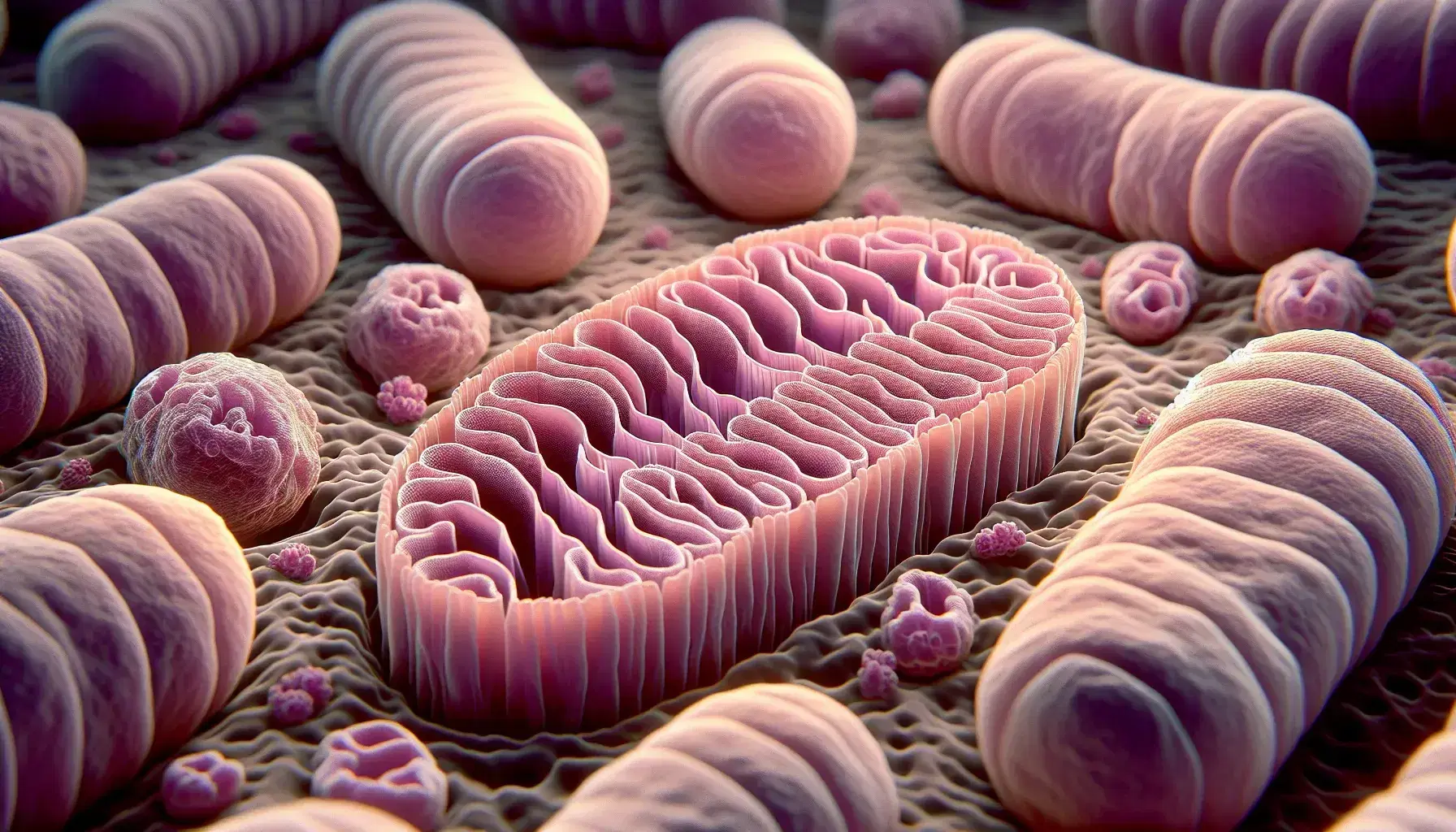 Mitochondri ovali con doppia membrana e creste interne in una cellula eucariotica, colorati in sfumature di rosa e viola.