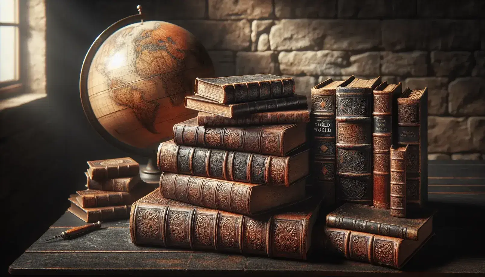 Libros antiguos con tapas de cuero desgastado apilados sobre mesa de madera oscura junto a un globo terráqueo sepia, iluminados por luz natural con fondo de pared de piedra.