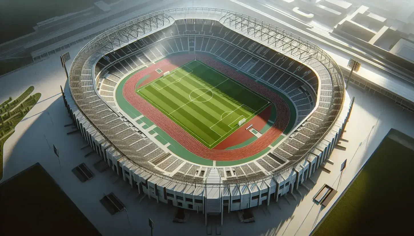 Vista aérea de estadio deportivo moderno vacío con asientos geométricos, pista de atletismo roja y campo de juego verde, bajo luz natural matutina o vespertina.