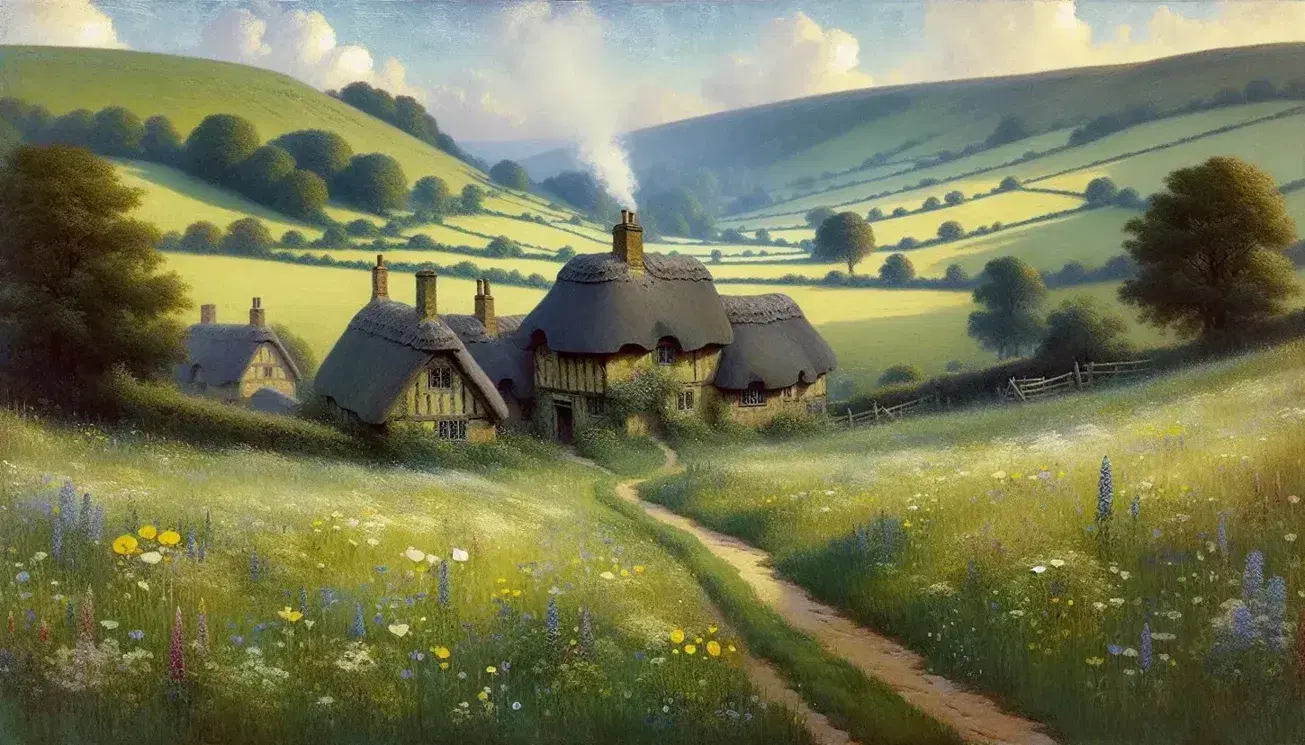 Serene English countryside with a meadow of wildflowers, thatched-roof cottages, and rolling hills under a pastel blue sky, evoking a tranquil, pastoral scene.