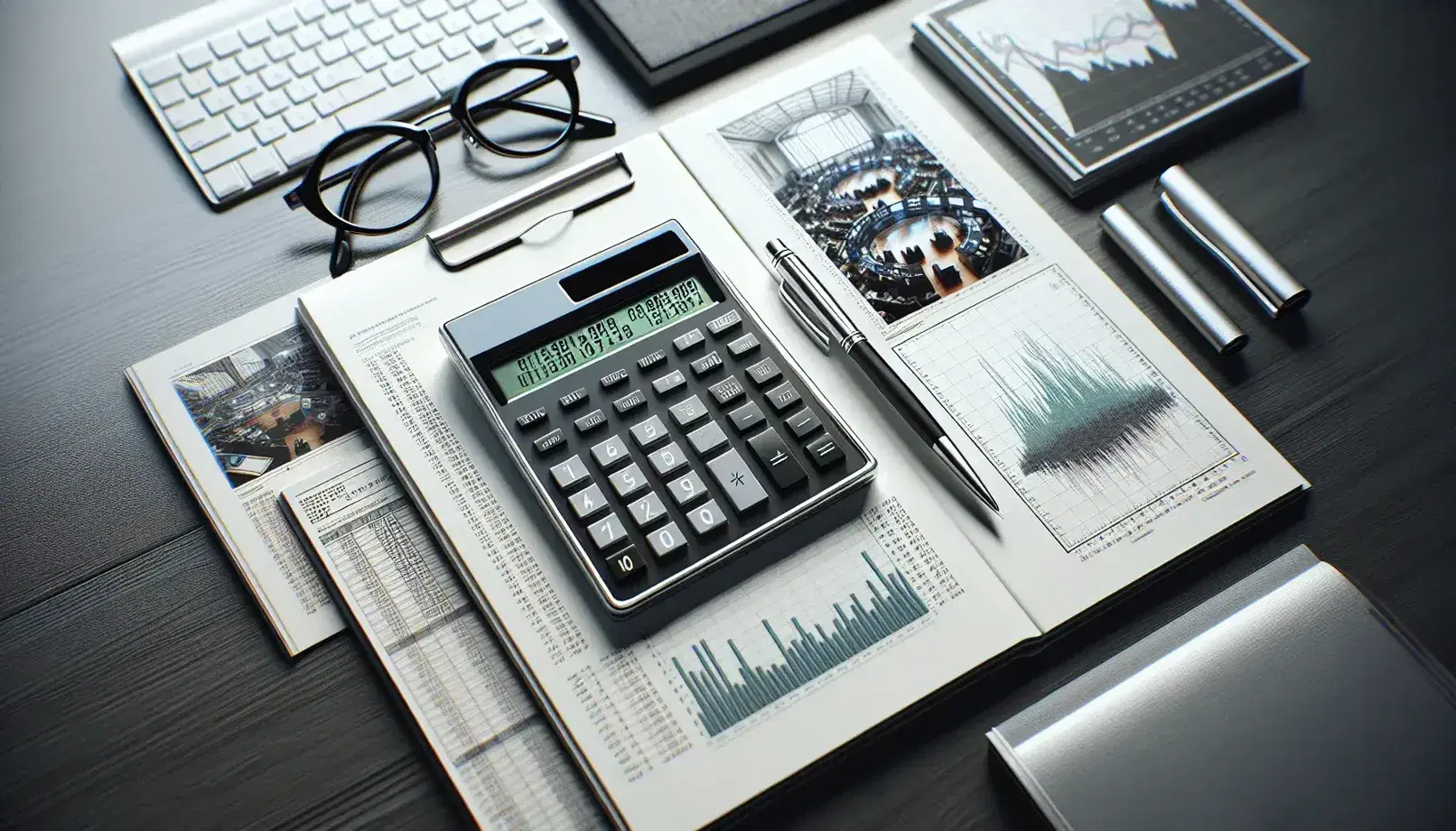 Organized office desk with modern calculator, stack of paper with charts, silver pen on notepad, eyeglasses on financial magazine, and potted plant.