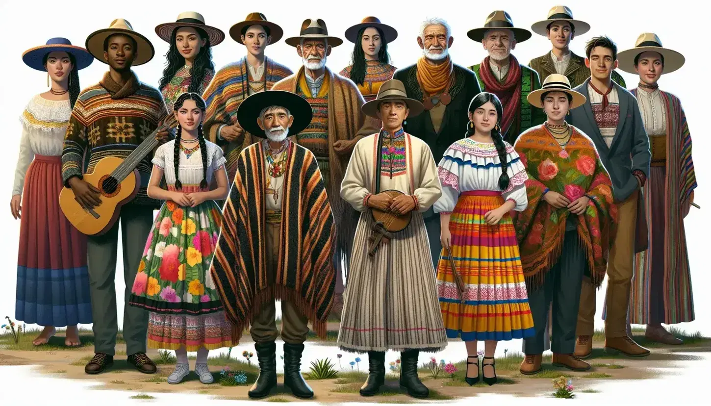 Grupo multicultural en trajes típicos colombianos, con hombre mayor en sombrero Vueltiao y mujer en vestido colorido, rodeados de naturaleza diversa.